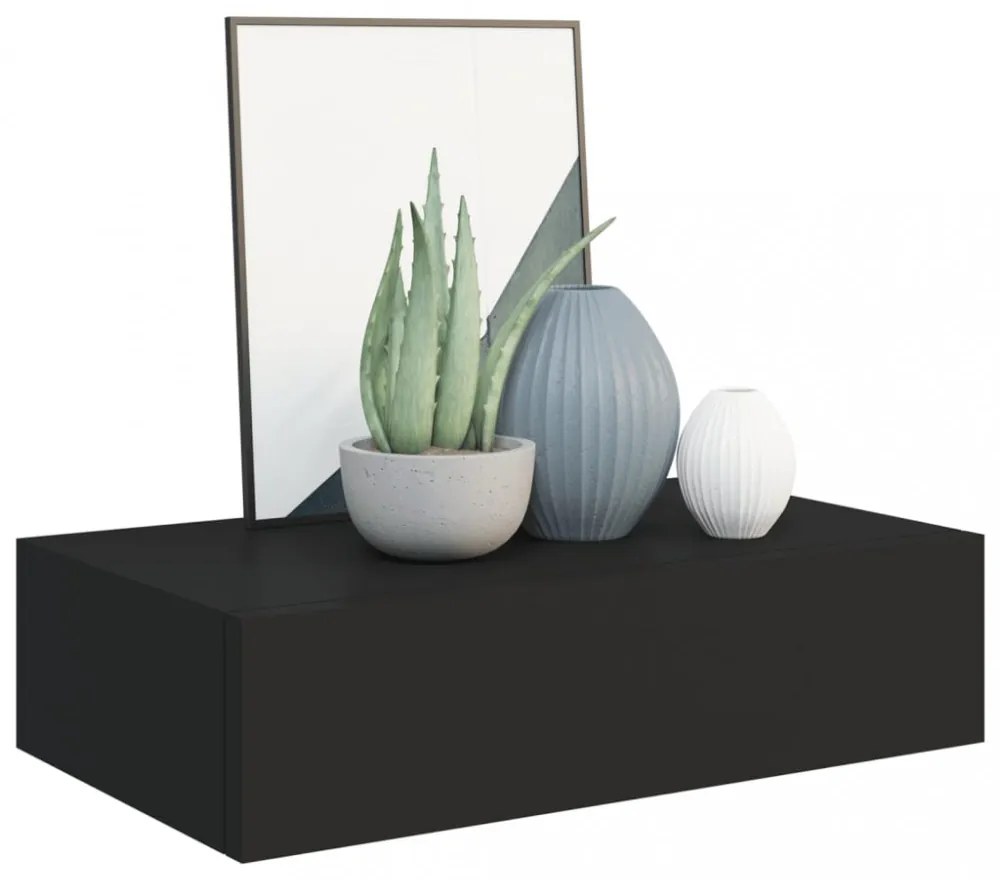 fekete falra szerelhető fiókos polc 40 x 23,5 x 10 cm