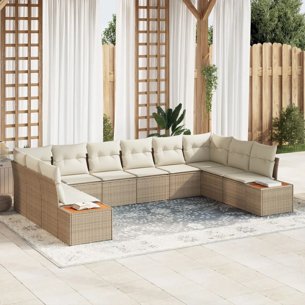 10 Darabos Kerti Kanapé Szett Párnákkal Bézs Poli Rattan Acacia