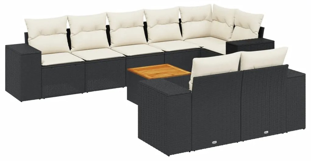 9 részes fekete polyrattan kerti ülőgarnitúra párnákkal
