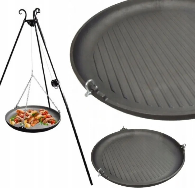 Háromlábú Gyújtótávolság Orsóval És 63 Cm-es Öntöttvas Serpenyővel Grillezéshez