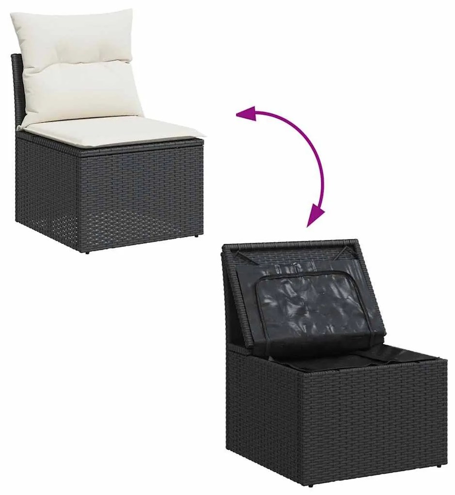 10 részes fekete polyrattan akácfa kerti ülőgarnitúra párnákkal