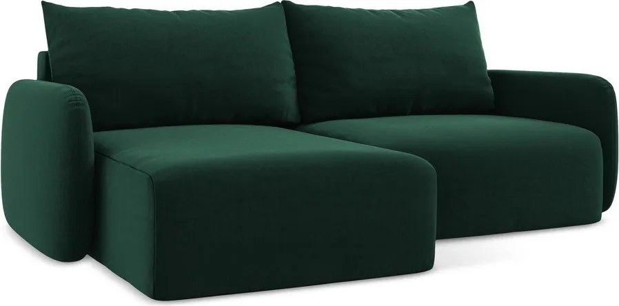 Sötétzöld bársony kinyitható-tárolóhelyes sarokkanapé (bal oldali-heverő résszel) Kalena – Makamii