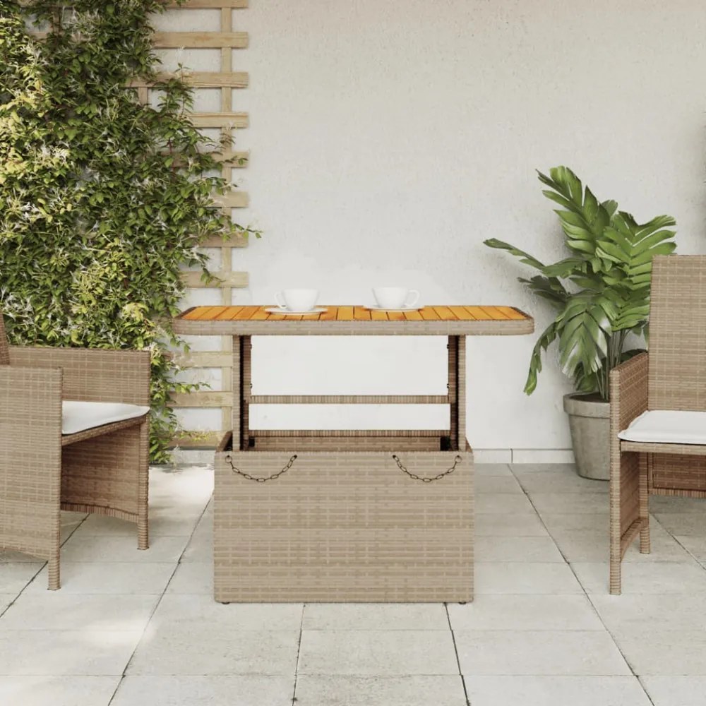 bézs polyrattan és akácfa kerti asztal 90 x 55 x 71 cm