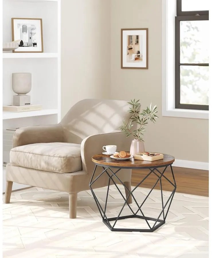 Dohányzóasztal, 2 oldalsó asztal, Ø60cm és Ø50cm, barna-fekete