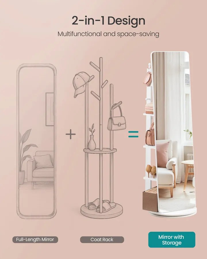 SONGMICS álló tükör, 360°-ban forgatható, 163 x 45 cm, felhőfehér