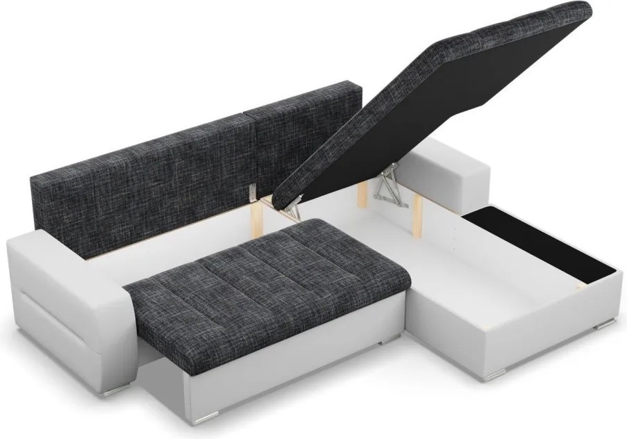 Toronto sarokkanapé, 2 ágyneműtartóval, fonott + műbőr, jobboldali, sötétszürke - fehér