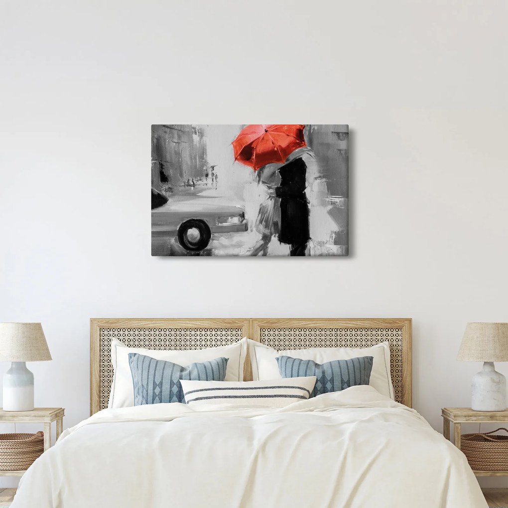 Kép - Szerelmespár egy esernyő alatt, piros (90x60 cm)
