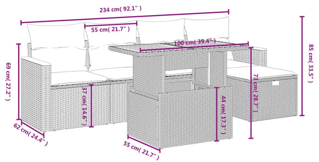 6 részes fekete polyrattan kerti ülőgarnitúra párnákkal