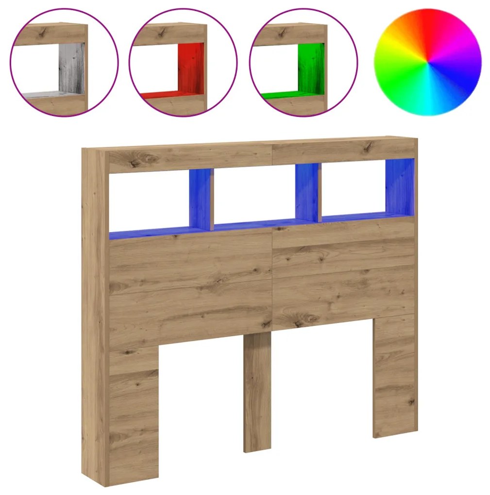 LED-es Fejtámla Szekrény kézműves tölgy 121 x 17 x 102 cm