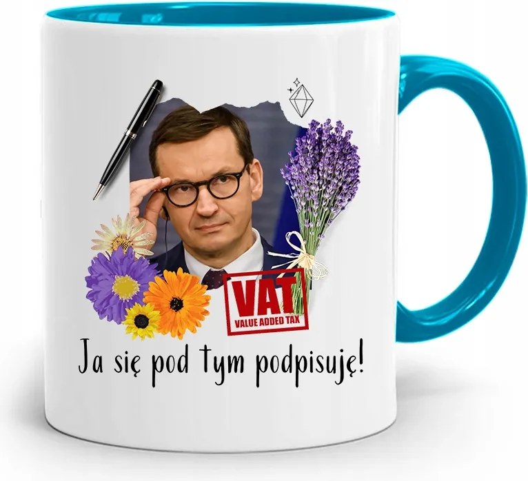Kék Politikus Bögre Mateusz Morawiecki Miniszterelnök fényképes nyomtatással