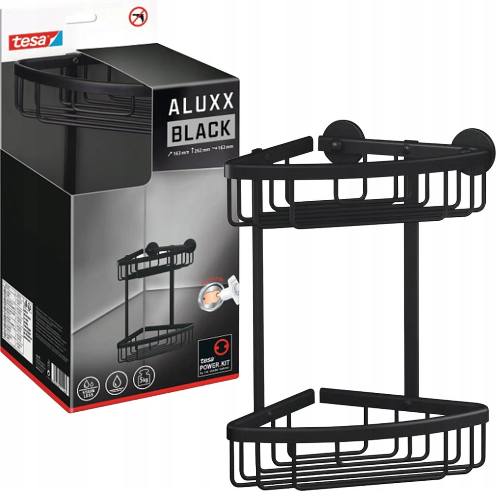 Fürdőszobai polc öntapadós sarok Tesa Aluxx Black Zuhanykosár