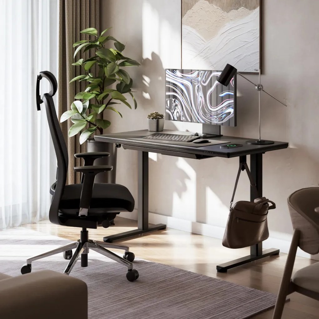 Állítható magasságú íróasztal, 120 x 60 cm, fejhallgatótartóval, üveglappal fekete
