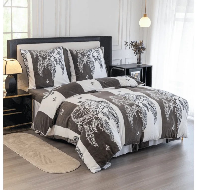 Mikroplüss ágyneműhuzat szett TIRSO szürke-fehér + mikroplüss lepedő SOFT 90x200 cm fehér, egyszemélyes ágyra