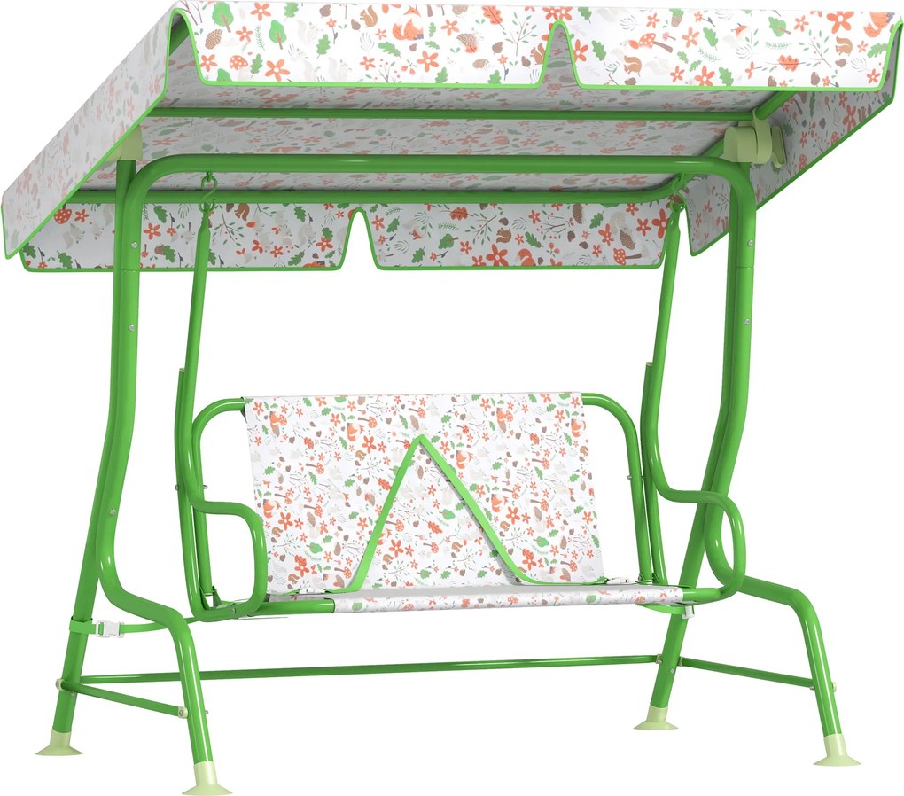 AIYAPLAY Kerti Hinta Gyerekeknek 3 Éves Kortól Két Személyes Hinta Állítható Napernyővel, Biztonsági Övvel és Aranyos Mintákkal 112x75x120 cm Zöld | A