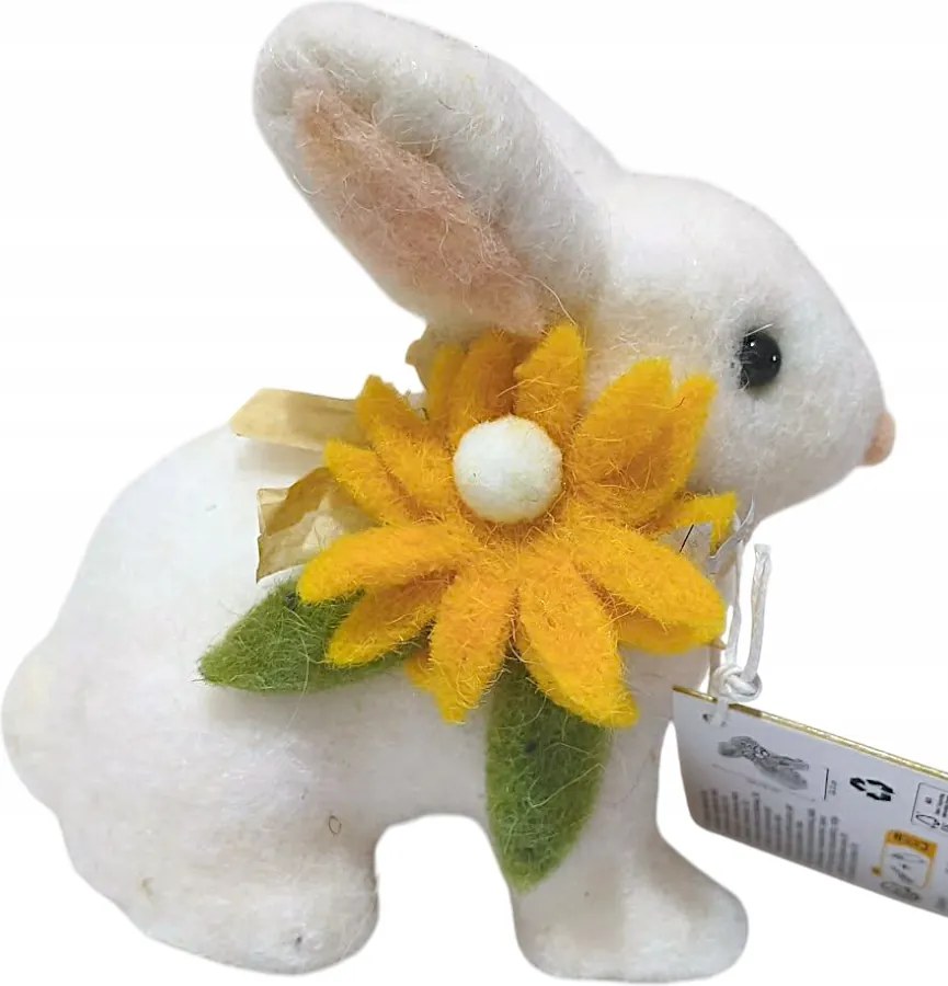Húsvéti nyuszi virággal filc díszfigura 12x 15 cm fehér