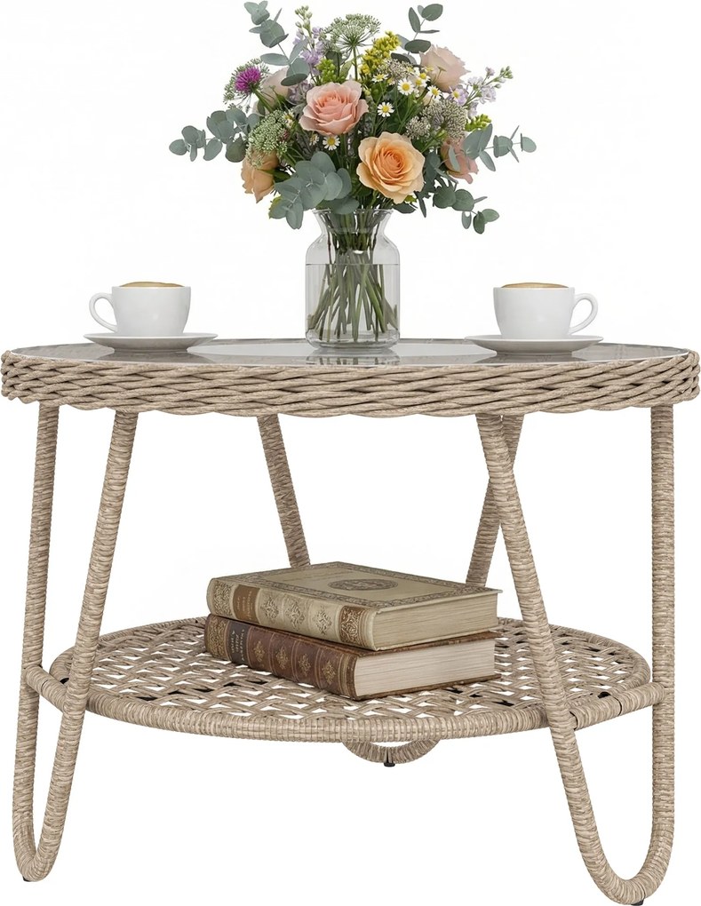 Outsunny kültéri PE rattan kerti oldalasztal edzett üvegtetővel, horganyzott fémvázzal, 65 x 65 x 50 cm, sárga | Aosom