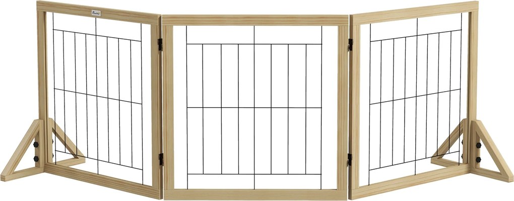 PawHut Fa Kutyabidovár 210x70 cm Pet Gate Összecsukható 3 Panel Bi-Irányú Hajlítással és Háromszög Támogatólábakkal Ajtóhoz, Folyosóra, Lépcsőházhoz T