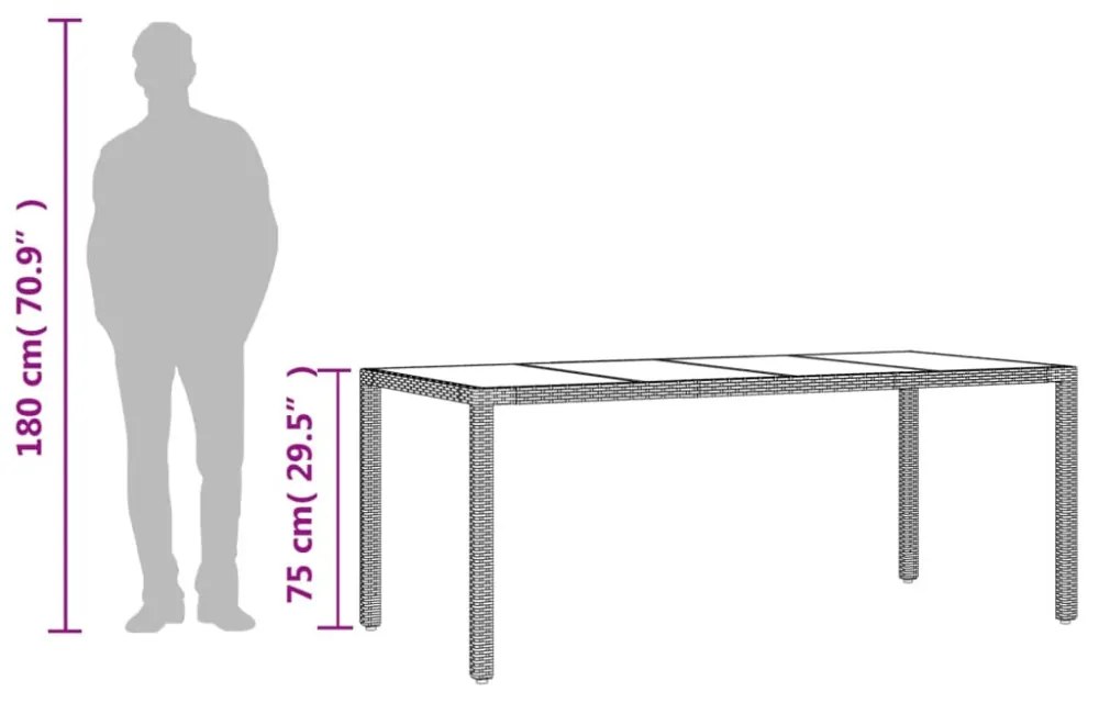 barna polyrattan üveglapos kerti asztal 190 x 90 x 75 cm
