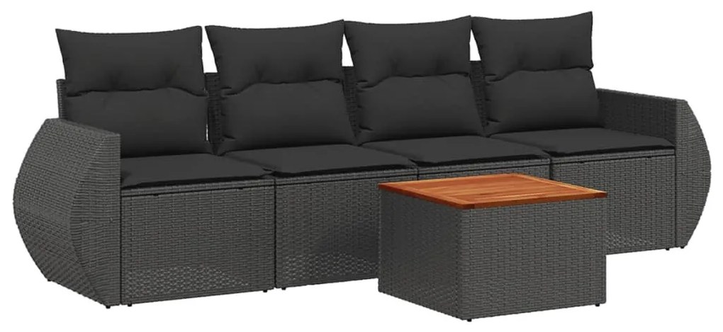 5 részes fekete polyrattan kerti kanapészett párnákkal