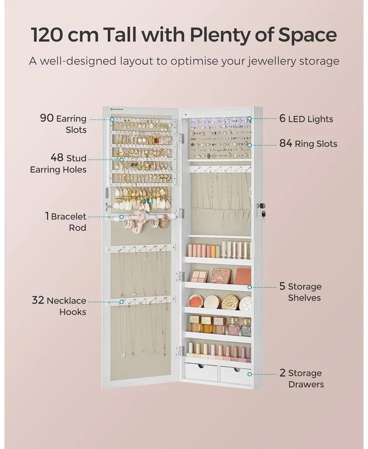 Ékszerszekrény falra szerelhető, zárható tároló tükörrel és több rekesszel – fehér/bézs