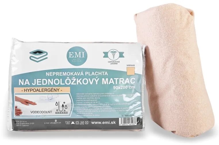 EMI krémszínű vízálló gumis lepedő, 90x200-as lap