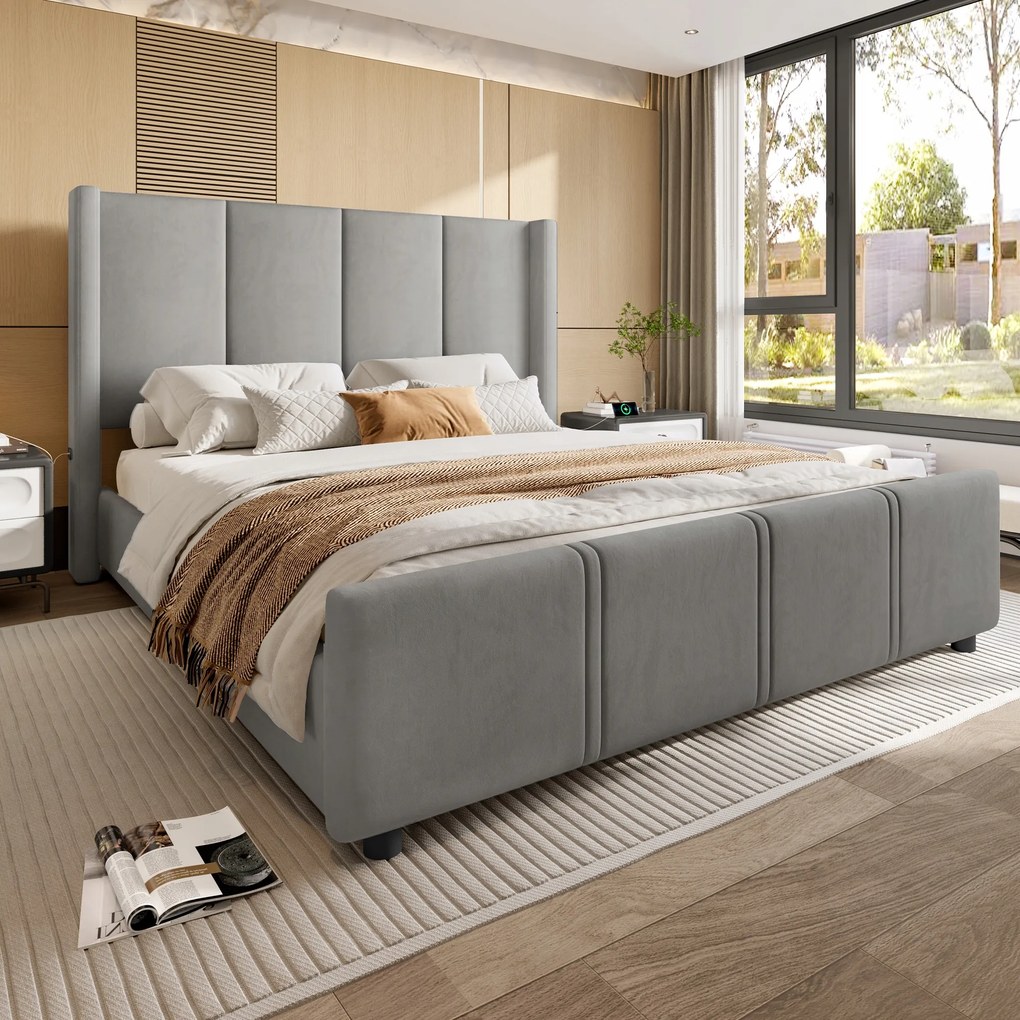 Franciaágy Usb kárpitozott ágy szürke 160x200cm