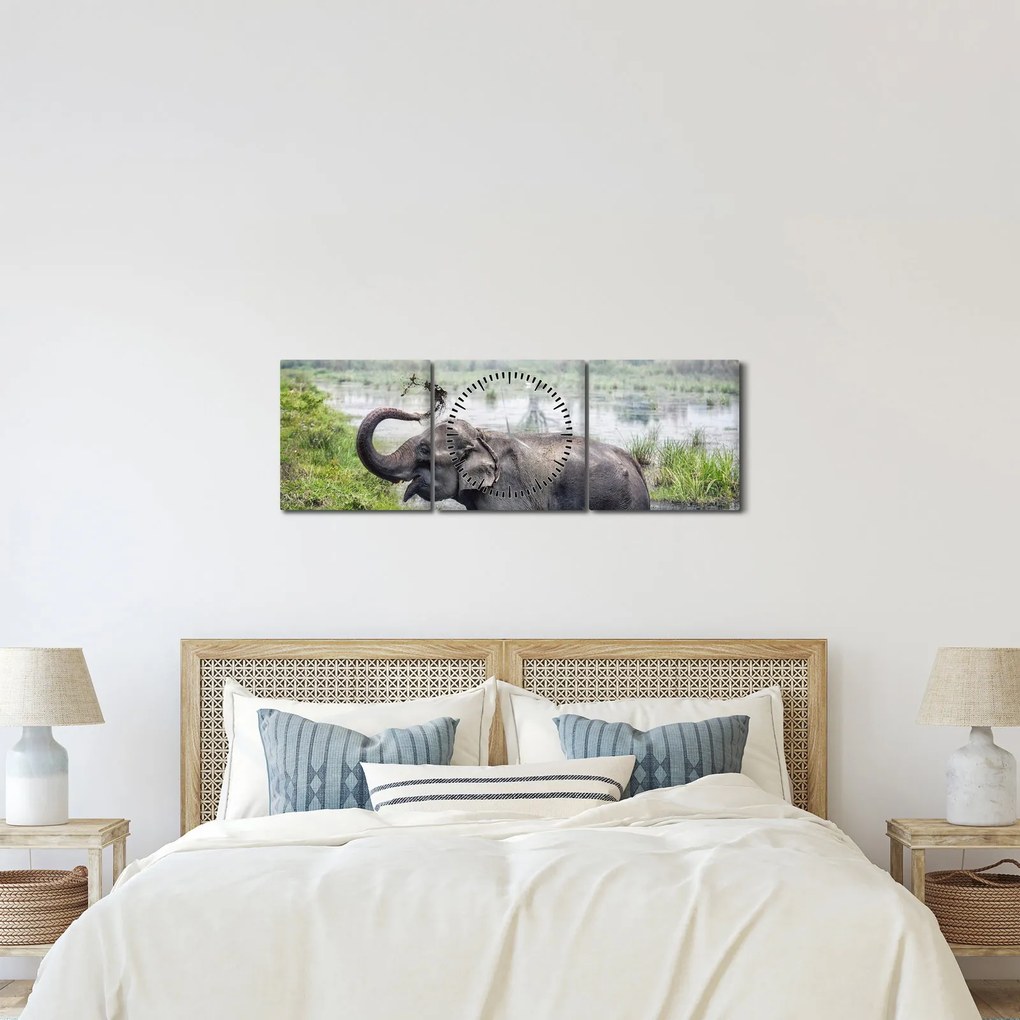 Kép - Fürdőző elefánt (órával) (90x30 cm)