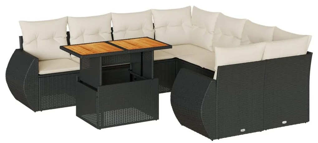 9 részes fekete polyrattan kerti ülőgarnitúra párnákkal