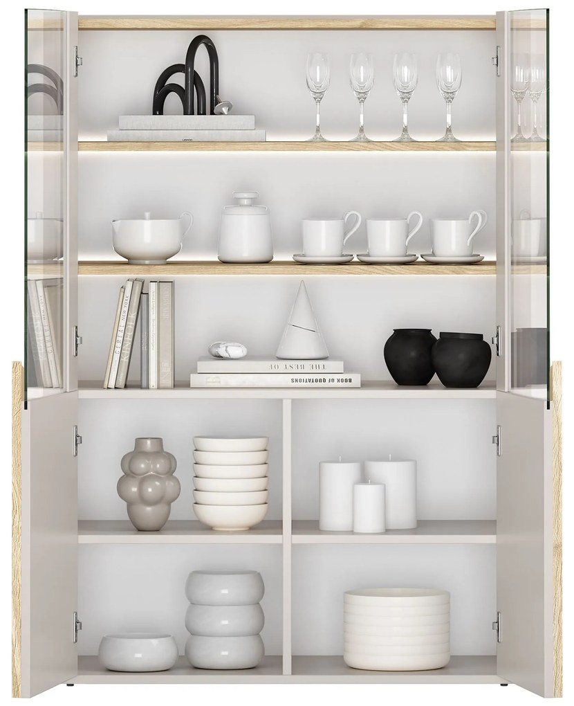 Amilio kétszárnyú vitrin 100 cm - kasmír / olajozott tölgy / világos tölgy fogantyúk