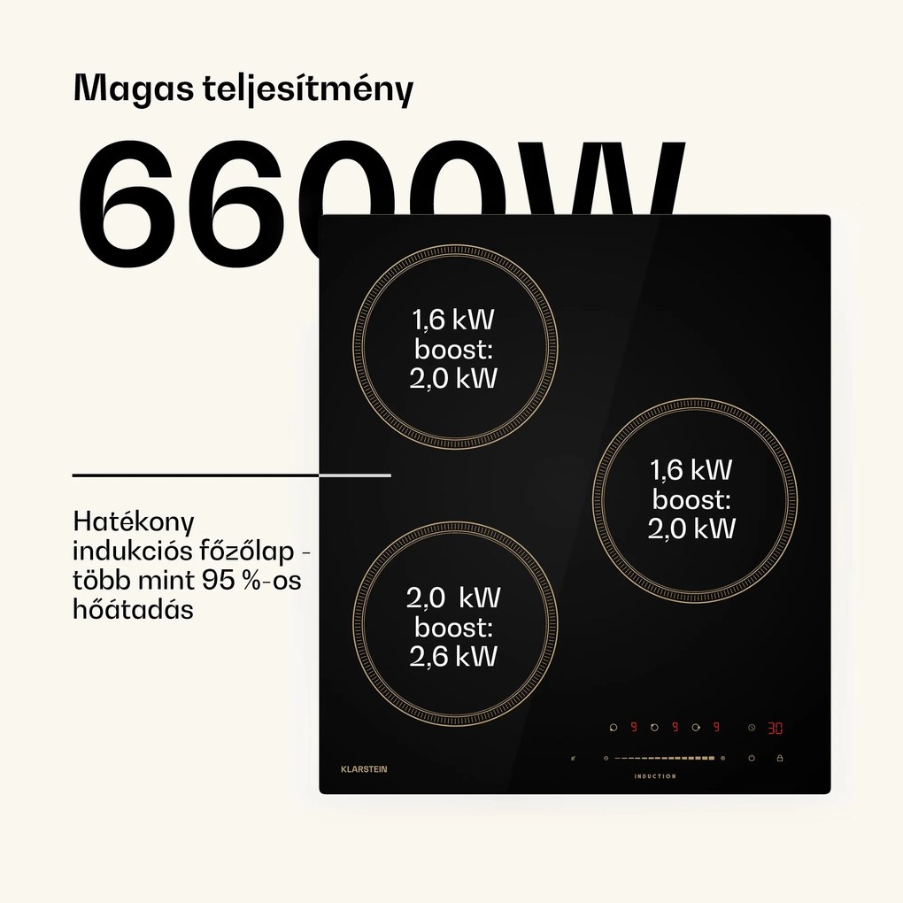 Klarstein Victoria indukciós főzőlap, 45 cm, 6 600 W, 3 főzőzóna, csúszka vezérlés, boost