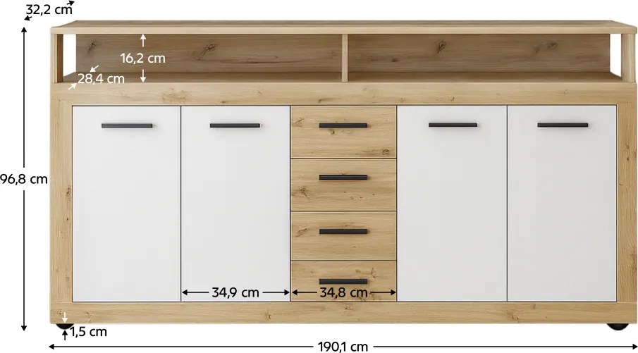 Kombinált komód, artisan tölgy/fehér, LUNYSA