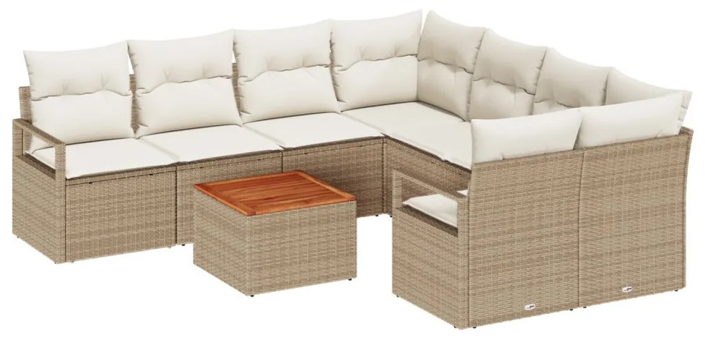 9 Darabos Kert Sofa Szett Párnákkal Bézs Poli Rattan Akác, Kétfős Kert Sofa Párnákkal Bézs Poli Rattan