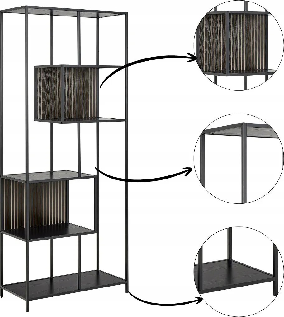 Nyitott magas könyvespolc dekoráció 5 polc fekete Loft nappali