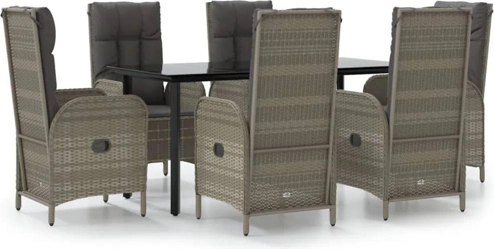 vidaXL 7 részes fekete és szürke polyrattan kerti étkezőszett párnával