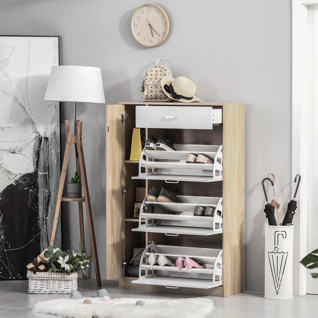 HOMCOM 3-ajtós cipőszekrény 18-27 pár cipőhöz, modern cipőtartó fiókkal és ajtóval, 84x30x132 cm, természetes fa | Aosom