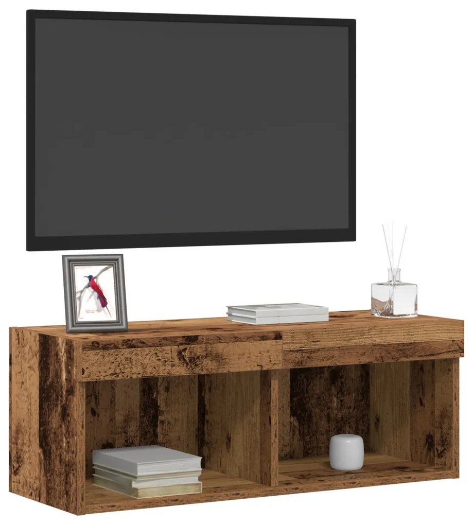 LED-es világítással ellátott TV faliszekrény, régi fa, 80x30x30 cm