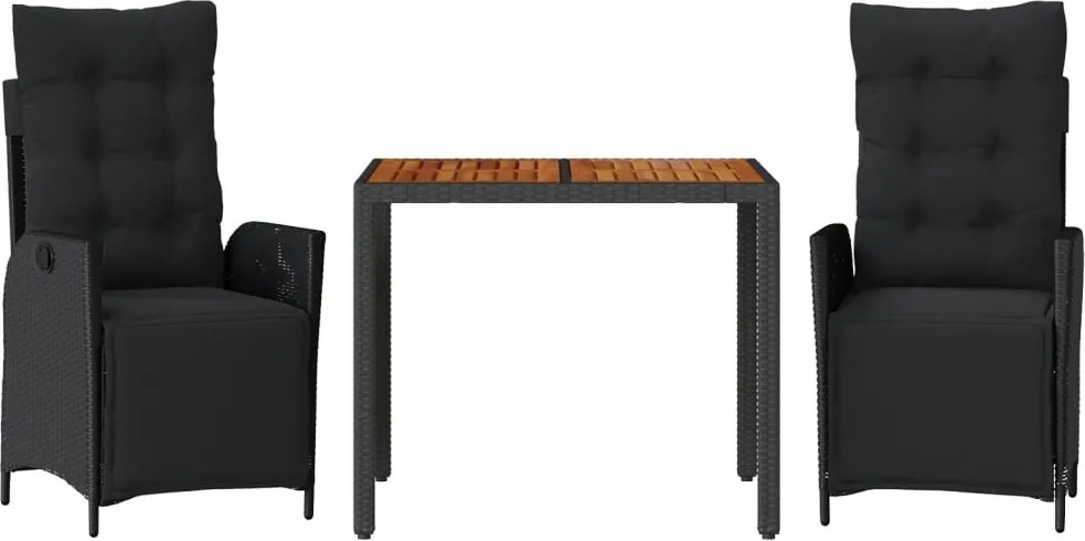 vidaXL 3 részes fekete polyrattan kerti étkezőgarnitúra párnákkal