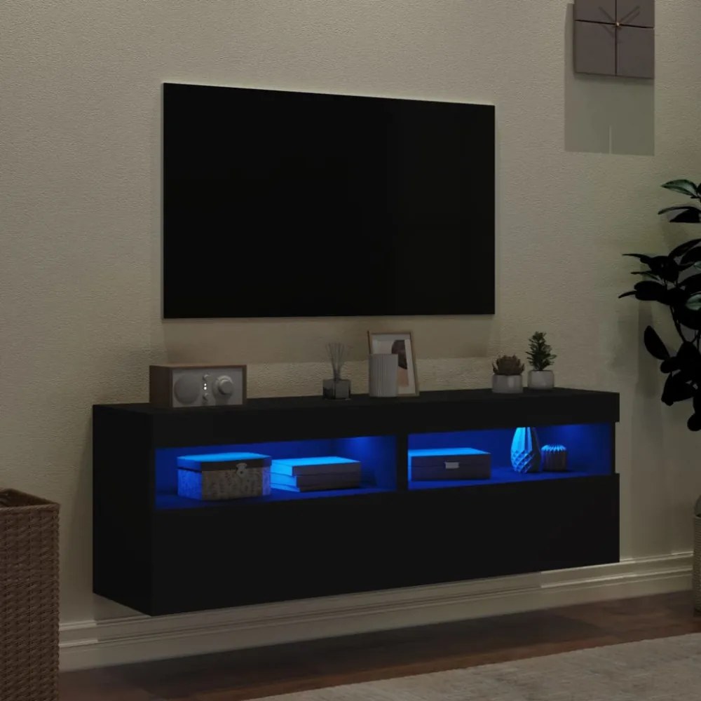 2 db fekete fali TV-szekrény LED-világítással 60x30x40 cm