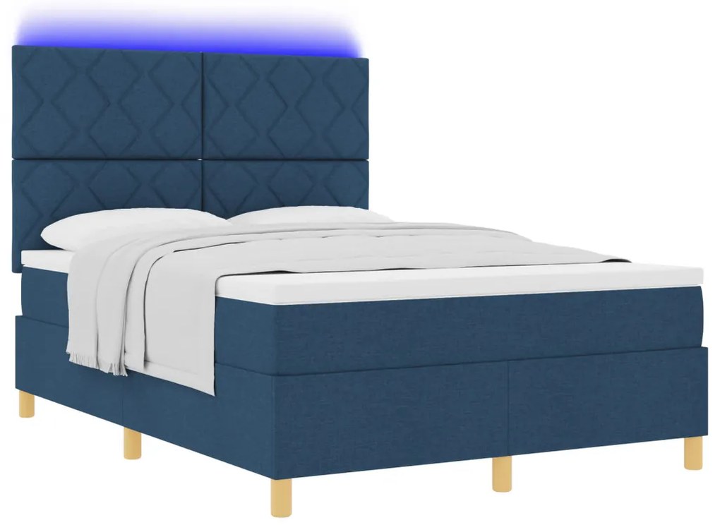 Box Spring Ágy Matraccal és LED Kék 140x200 cm Szövet