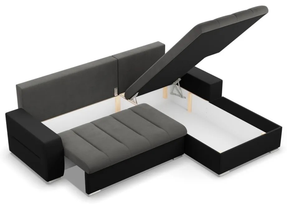 Toronto sarokkanapé, 2 ágyneműtartóval, bársony + műbőr, jobboldali, szürke - fekete