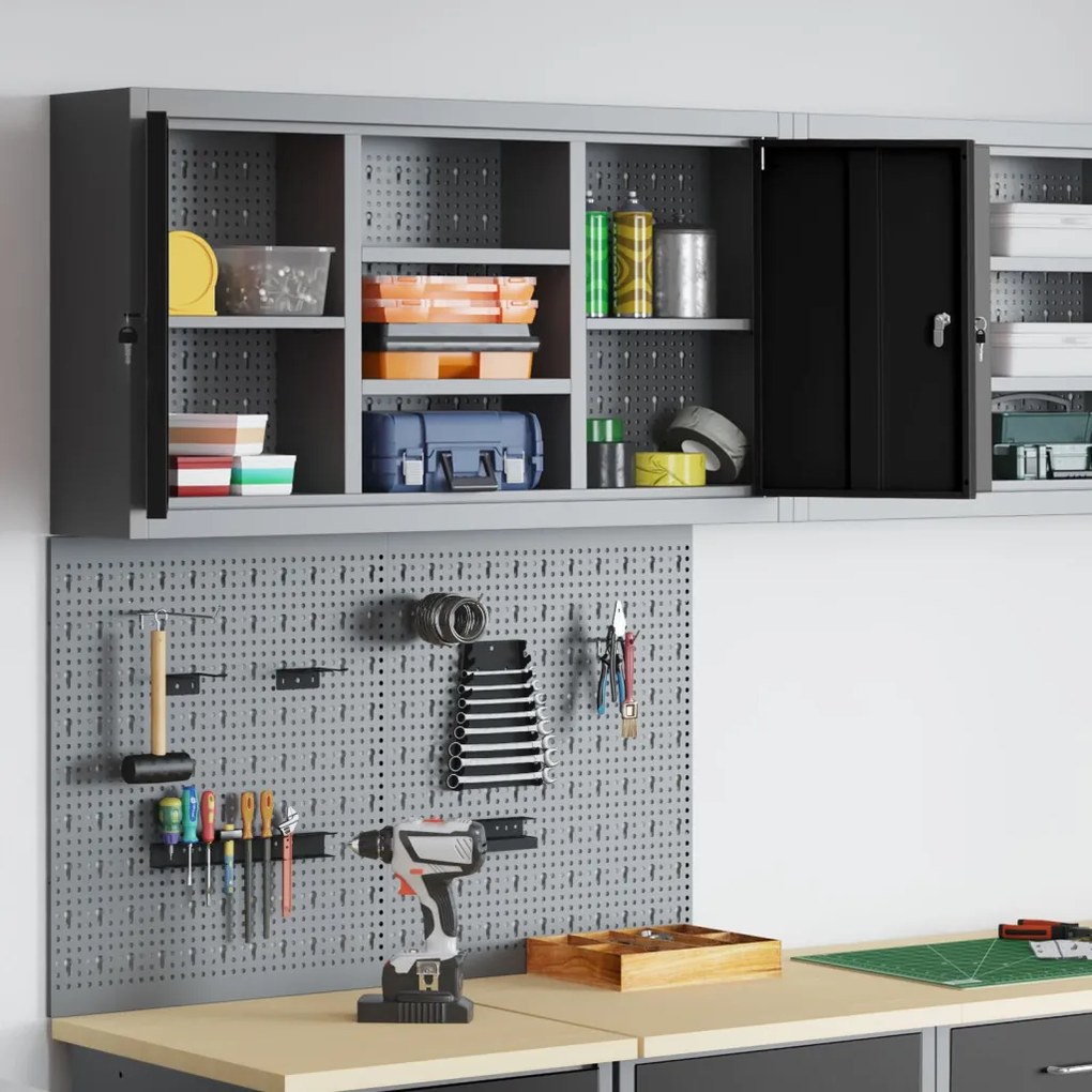 3 részes szerszám szekrény és falra szerelhető pegboard szett fekete fém