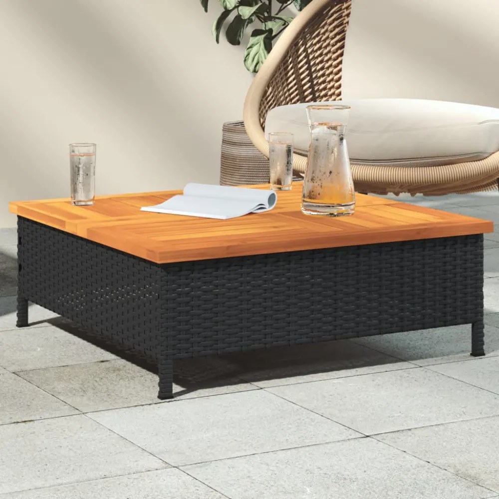 fekete polyrattan és akácfa kerti asztal 70 x 70 x 25 cm