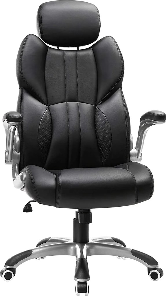 Ergonomikus irodai forgószék felhajtható karfákkal és állítható fejtámlával, fekete PU műbőr, 150 kg