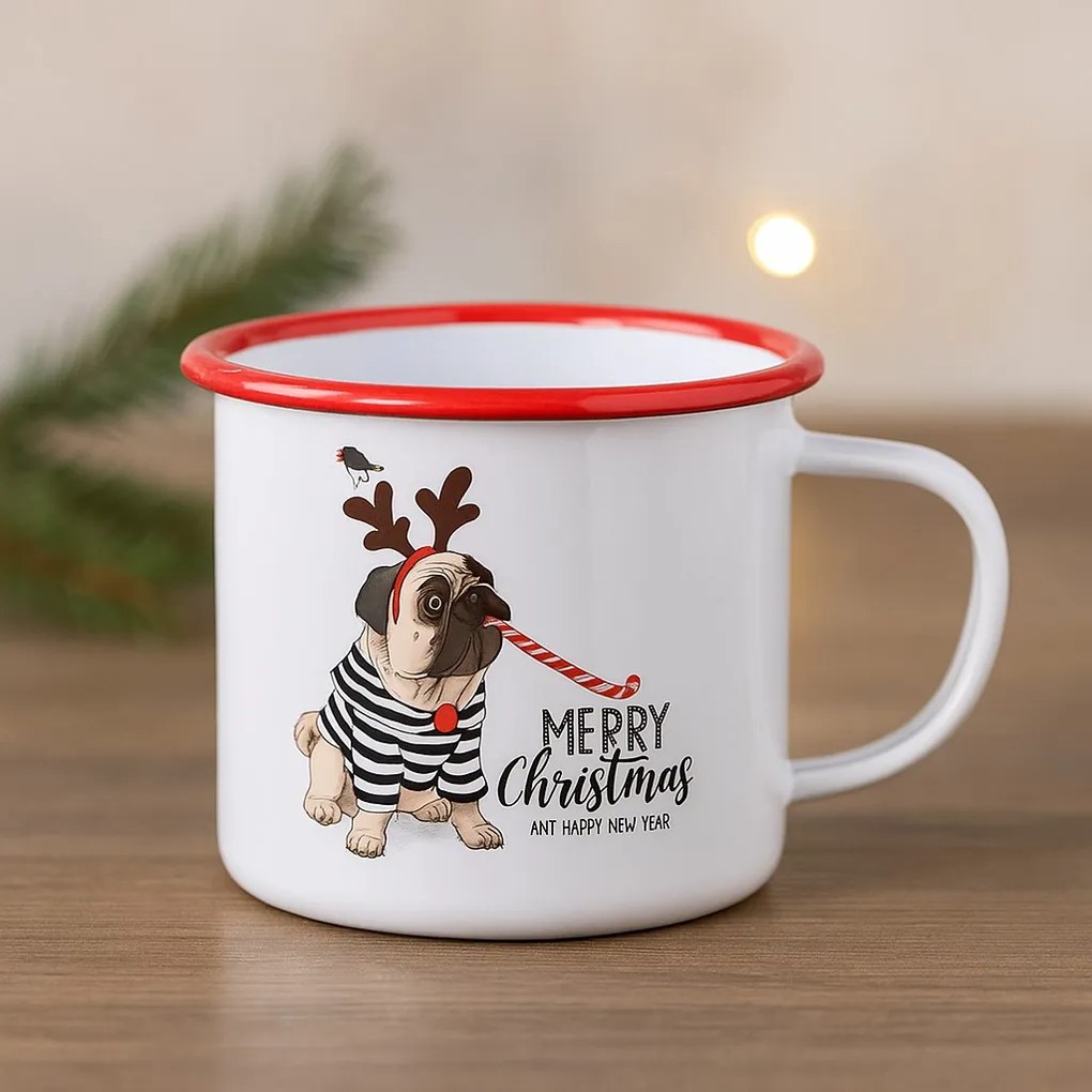 Bádog bögre kutyával Merry Christmas felirattal 11x11x10 cm