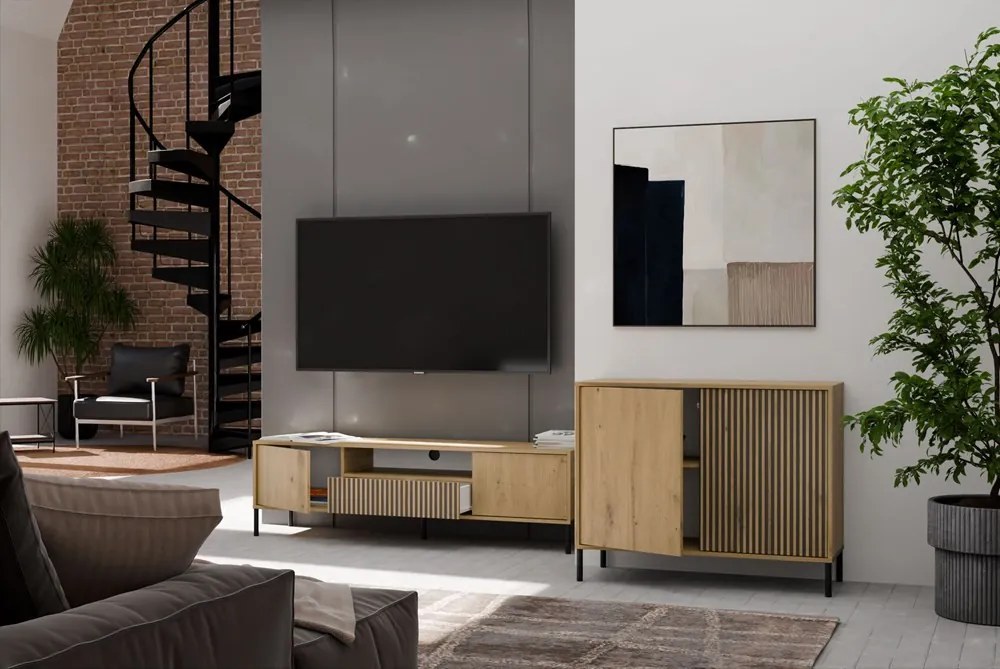 KAMARO 2D Slim komód 103.5x40x82.5 cm, tölgy-fekete