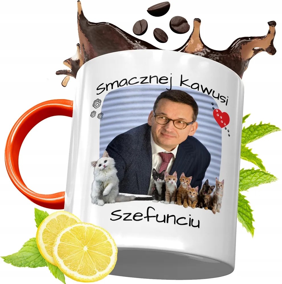 Narancssárga Bögre Mateusz Morawiecki Ajándék fényképes nyomtatással