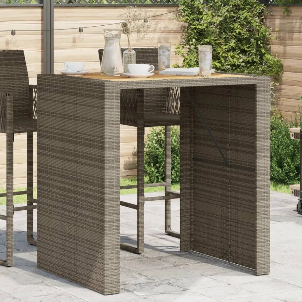 szürke polyrattan kerti bárasztal akácfa lappal 105x80x110 cm