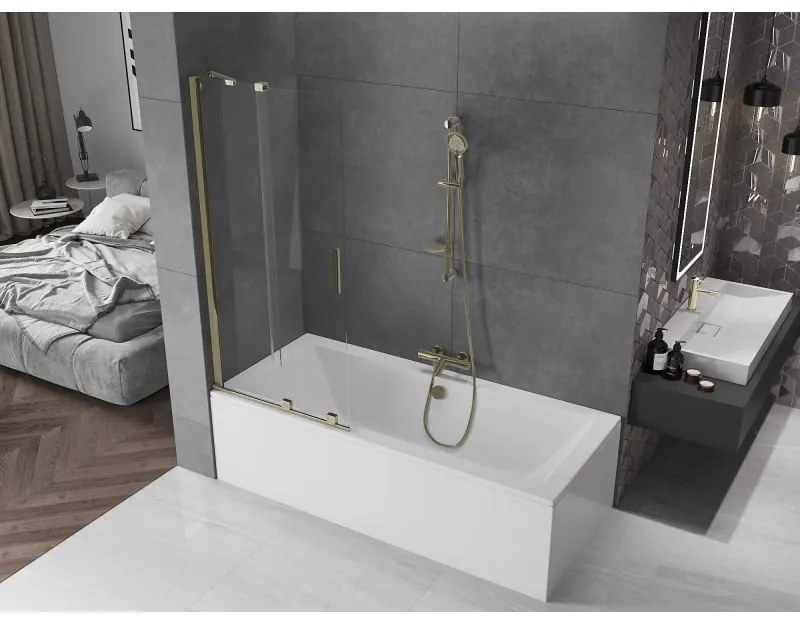 Mexen Velar, 2 szárnyas eltolható kádparaván 80 x 150 cm, 8mm átlátszó üveg, arany fényes profil, 896-080-000-01-50
