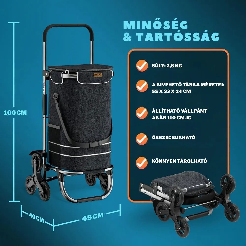 COMFORT bevásárlótáska lépcsőjáró kerekekkel, 50l, fekete Jurhan