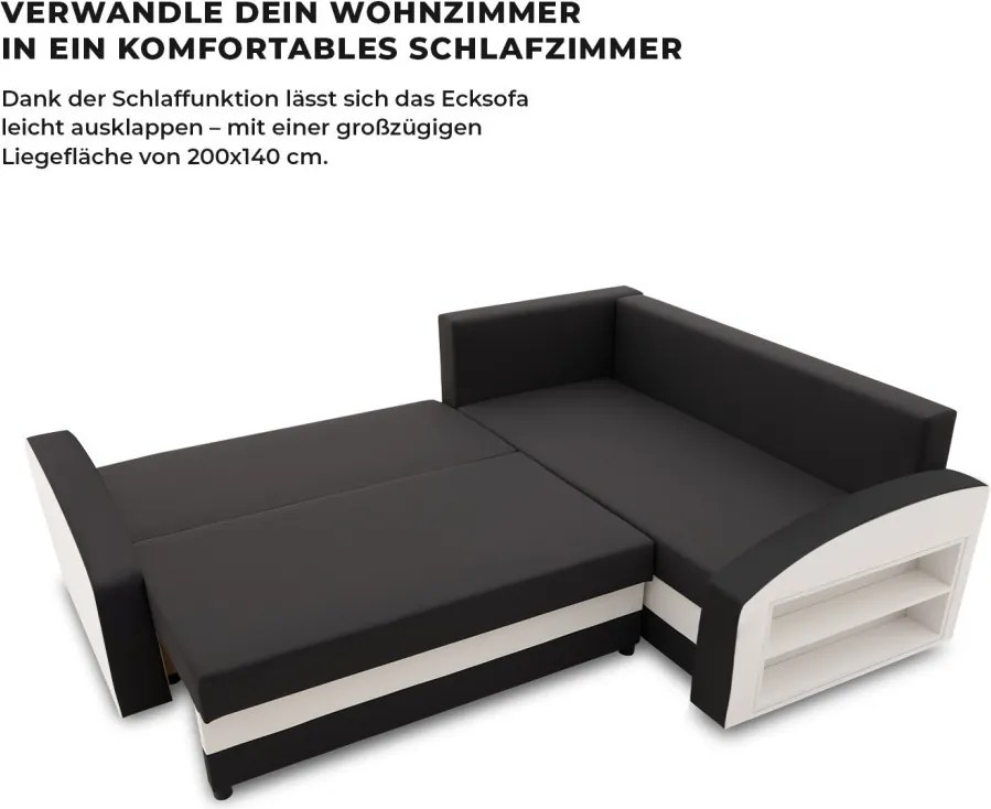 Grande sarokkanapé polcokkal , polc a jobb karfaban, jobboldali, szövet anyag, hab töltet, fekete - fehér